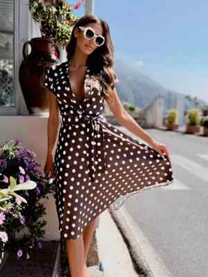 vestito abito donna longuette vintage marrone bianco pois raso