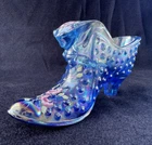 Fenton Iridescent Blue Glass Hobnail Cat's Head Shoe hand painted Flowers Signed