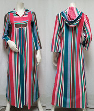 Vintage 1970s Striped Hooded Zip Front Housecoat Lounge Maxi Dress - Size S/M