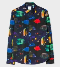 $295 PAUL SMITH Men's Slim-Fit Navy OCEAN 'Tropical Fish' Cotton Shirt - SMALL