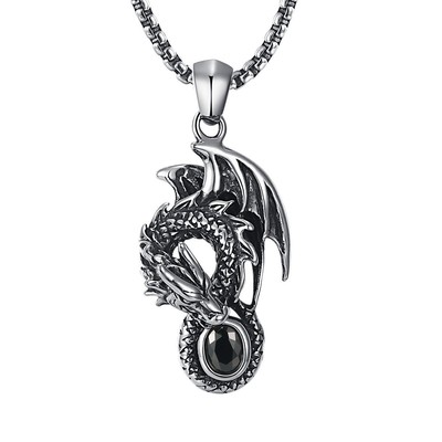 2Ndlink Cool Mens Black Gemstone Flying Dragon Cz Crystal Titanium Pendant Necklace,22.5" Rolo Curb Chain (701988846900)