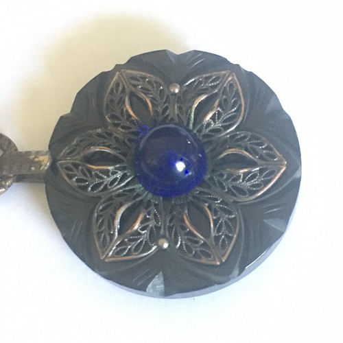 1890 Grandi Bottoni Celluloide Cappotto Nero Chiusura Filigrana Vetro Blu Antico - Foto 4 di 9