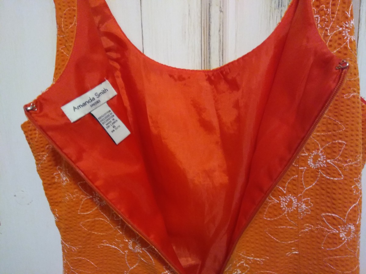 Women's Summer Sun Dress Orange Sheath White Floral Embroidered Amanda  Smith 6 | eBay