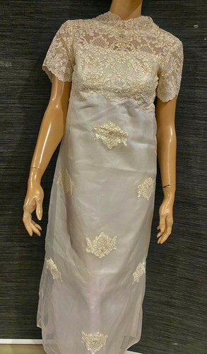 VTG 60s EDYTHE VINCENT ALFRED ANGELO MOD WEDDING LACE & PEARLS GOWN WEDDING XS - Picture 2 of 10