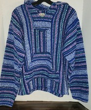 Baja Joe Hoodie Mens Large Blue Mexican Poncho Drug Rug Knit Sweatshirt Adult XL