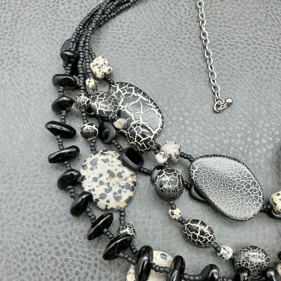 Chico's Multi Strand Statement Necklace Black White Crackle Beads Bib Collar - Image 3 of 4
