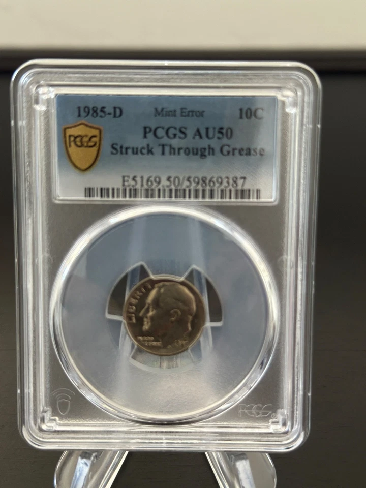 1985 D Roosevelt Dime Struck Through Grease Error PCGS AU50 [59869387] - Image 4 of 4