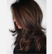 Women Dark Brown w/Gold Highlight Ombre Shoulder Length Curly Hair Wig&&