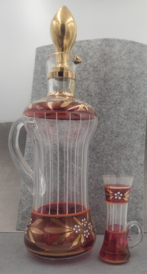 Bohemian Red Gilt Glass Decanter with Stopper and Cordial Glass ~ Original Label
