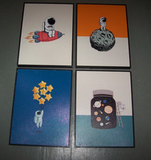 Framed Space Astronaut Wall Art Decor, Kids Room, 4 Piece Comical