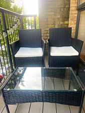4pc Black Rattan Sofa Set, White Cushions, Clear Glass Table, Seats 4 + cover