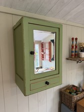 Old Pine Wooden Painted Green Bathroom Wall Cupboard, Mirror Cabinet, Vintage 