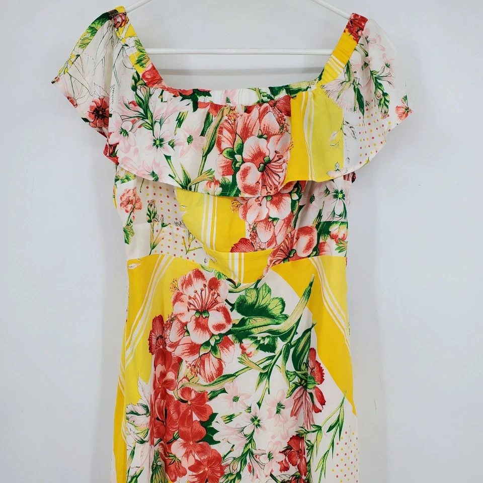 New York & Company Yellow Floral Print Women's Maxi Off The Shoulder Dress Large - Image 4 of 4