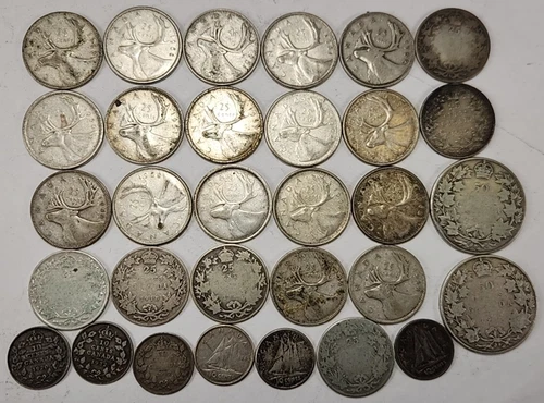 Lot of Canada Coins 2 Half Dollars, 23 Quarters & 6 Dimes  80% Silver