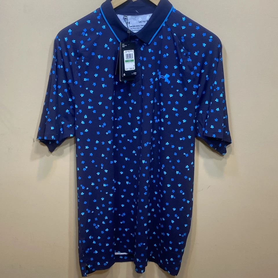 Polo Under Armour Hombre L Azul FLORAL Nylon Elastizado ISO Frío Golf Nuevo con Etiquetas $80.00 D1 Foto 2 de 4