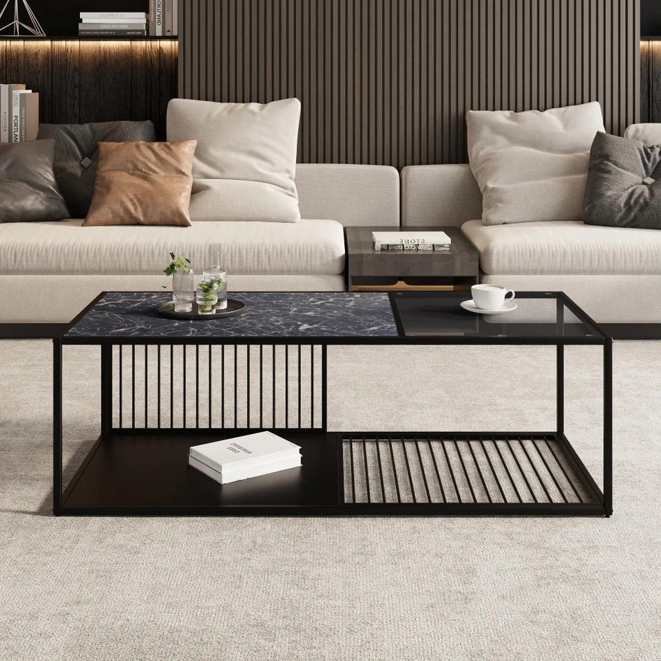 Aiorber Tavolino Basso con Piano in Vetro Temperato e Finitura Marmo - Immagine 4 di 4