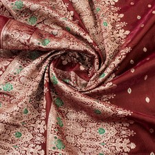 Sanskriti Vintage Red Satin Sarees Zari Hand Woven Brocade Banarasi 5 Yd Fabric