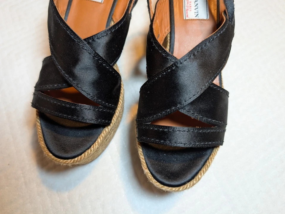 Lanvin Platform Espadrille Sandals Black Satin Jute Wedges Size 5.5 EU 35.5 - Image 2 of 4