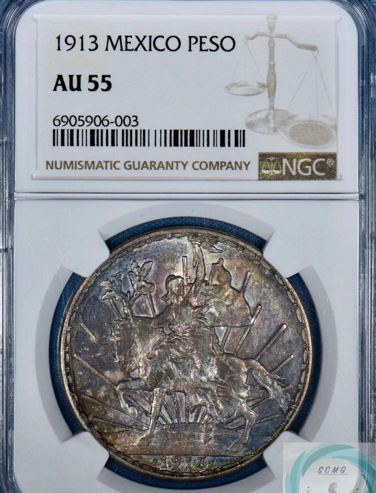 1913-Mexico-“Caballito" Un Peso-NGC AU 55 - Stunning Color-Classic World Coin - Image 3 of 4