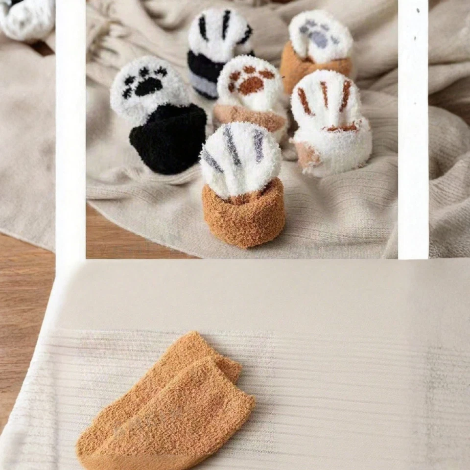 6 pares de calcetines para mujer difusos de invierno mullidos acogedores cálidos lindos con patrón de pata de gato/tigre Foto 4 de 4
