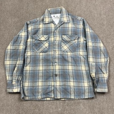Vintage 60s Continental Club Wool Plaid Loop Collar Button Up Shirt Mens Medium
