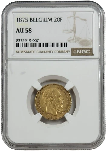 1875 Belgium Gold 20 Francs 0.1867 oz Leopold II Coin NGC AU 58