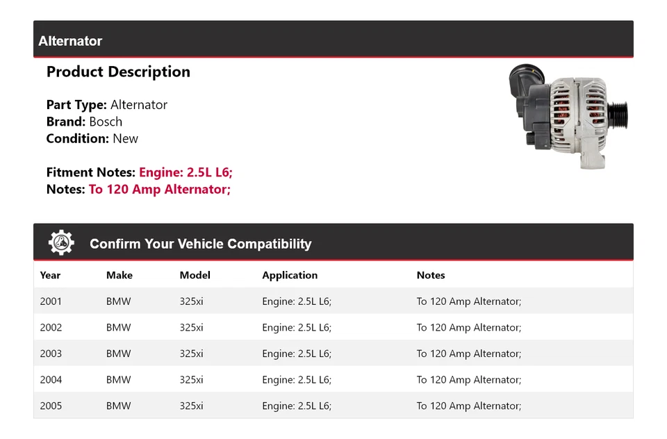 Alternador Bosch (novo) 2002 2003 2004 para 2001-2005 BMW 325xi 2.5L L6 - Imagem 2 de 4