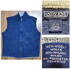 Vintage Lands End 1980s Vest Men's Large 42-44 85% Wool Dark Blue Full Zip USA