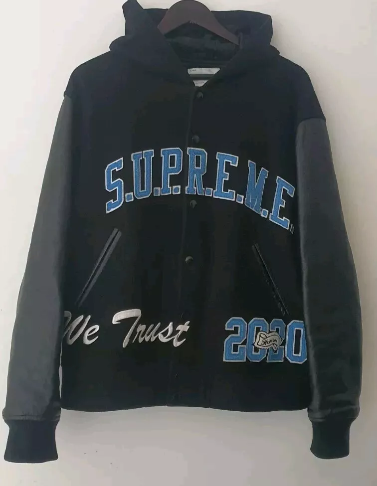 Veste Varsity À Capuche Supreme FW20 En Laine Et Cuir Noir Gris Taille L Grande