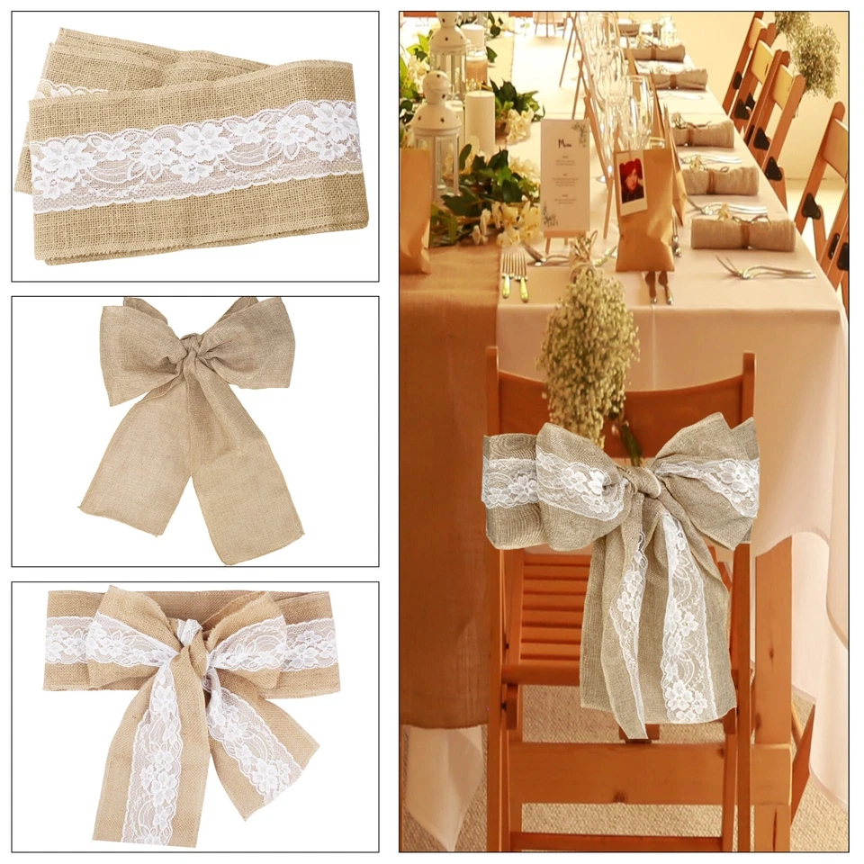 1-100PCS Toile de Jute Housse Chaise Écharpe Nœud Mariage Anniversaire Fête Déco - Photo 1/4