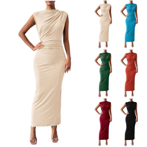 Women's Ruched Bodycon Dress Summer Casual Sleeveless Back Ladies Summer Dresses