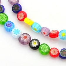 Handmade Millefiori Lampwork MultiColor FLAT Round Beads 6mm/8mm 14" Strand
