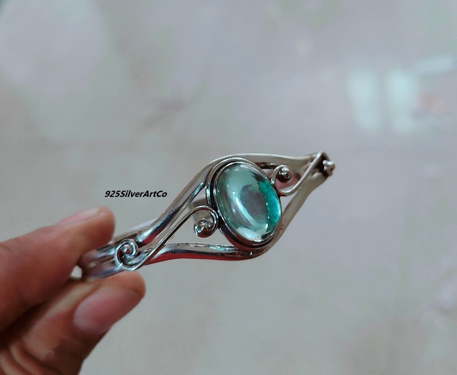 Handmade Aquamarine Bracelet Designer 925 Silver Cuff Bangle Gift for Her