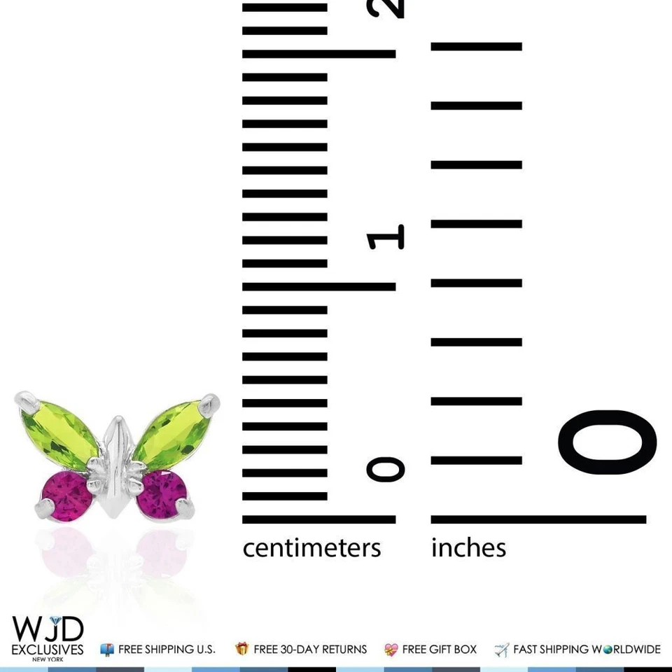 14K White Gold Peridot & Ruby Butterfly Baby Screw Back Stud Kid Earrings - Image 3 of 4