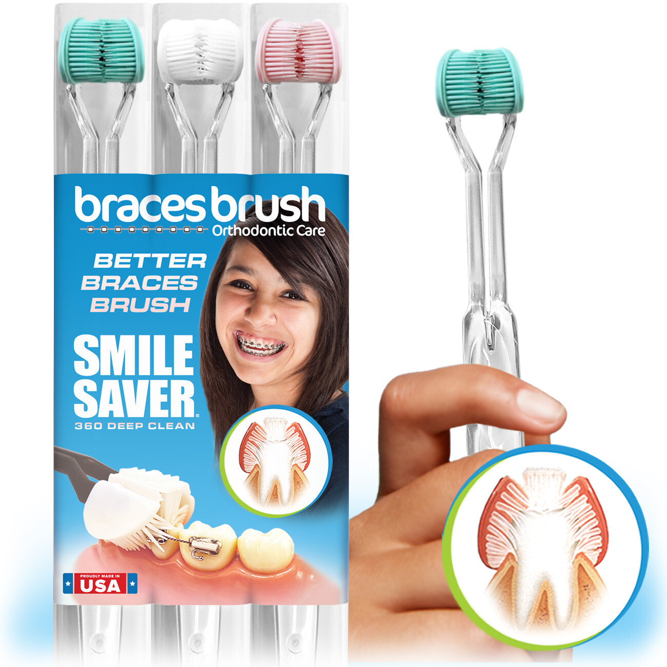 SMILE SAVER 360&deg; / BRACES BRUSH * 3-Sided Toothbrush 3PK / for Orthodontic Care