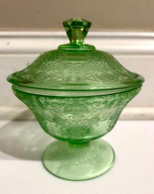 Hazel Atlas FLORENTINE 2 GREEN Candy Dish with Lid Uranium Glass