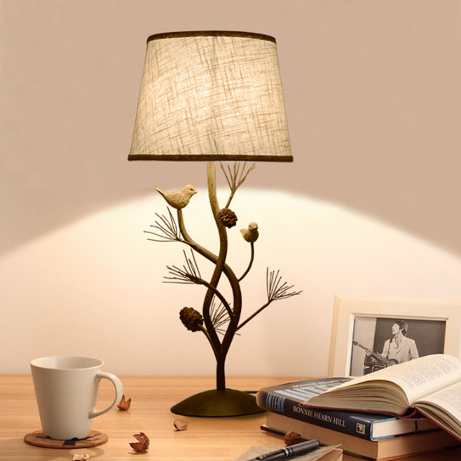 Retro Pine Bird Table Lamp Vintage Decor Cloth Desk Light Creative LED Lamps