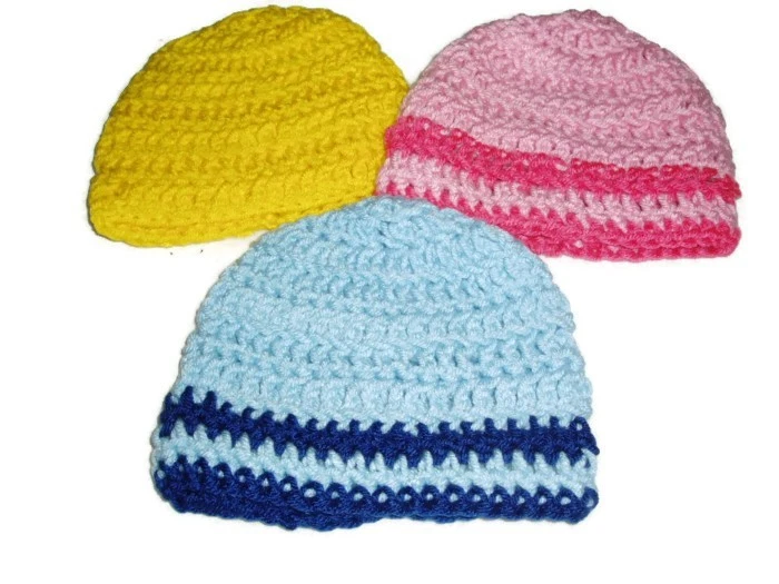 Lot of 3 Crochet Mesh style Hats 3 to 6 Months Blue Pink Yellow Handmade