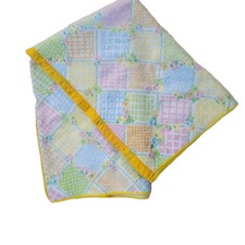 VTG 70s Acrylic Full Queen Blanket Yellow Satin Trim 92" X 70" Trellis Pastel