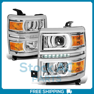 Headlights LED Drl+U-Strip Projector Lamps Chrome/Amber for 2014-2015 Silverado