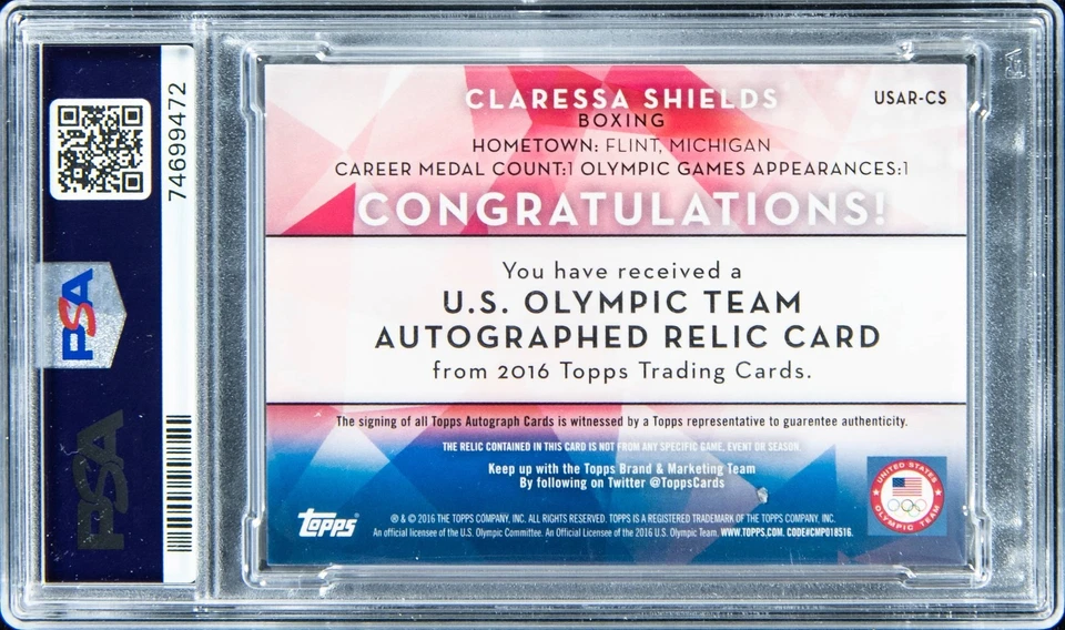 2016 Topps U.S. Olympic Claressa Shields Auto Relic #USAR-CS /50 – PSA 8, DNA 10 - Imagem 2 de 2