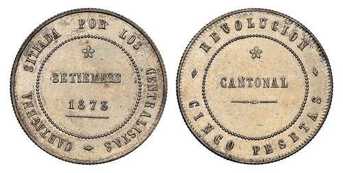 SPAIN. 1873 AR 5 Pesetas, 20 Reales. NGC MS63. Cartagena. KM 716; AC-14; Dav-338