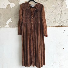 Vintage 90s Maxi Dress Embroidered Rayon Long Sleeve Tie Back Boho Prairie L
