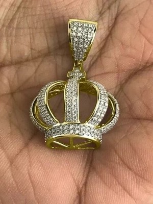 2.00Ct Round Cut Real Moissanite King Crown Charm Pendant 14K Yellow Gold Plated