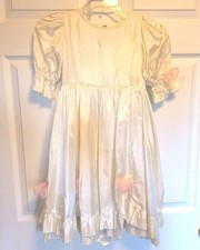 Vintage 2005 Handmade Girls Cream Satin Flower Pageant Dress Pink Bows Sz 6/7