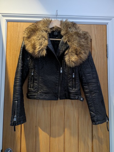 Topshop Faux Leather Jacket With Faux Fur Collar Size 8 Vegan For Restoration
