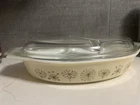 Vintage Pyrex Dandelion Divided Cooking Dish With Clear Glass Lid 1 1/2 Qt