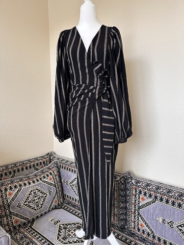 H&M Striped Black/Beige Wrap Maxi Dress V-Neck Puff Sleeve Ruffle XS