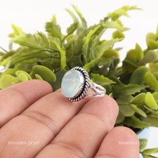 925 Sterling Silver Oval Aqua Chalcedony Stone Anniversary New Solitaire Ring