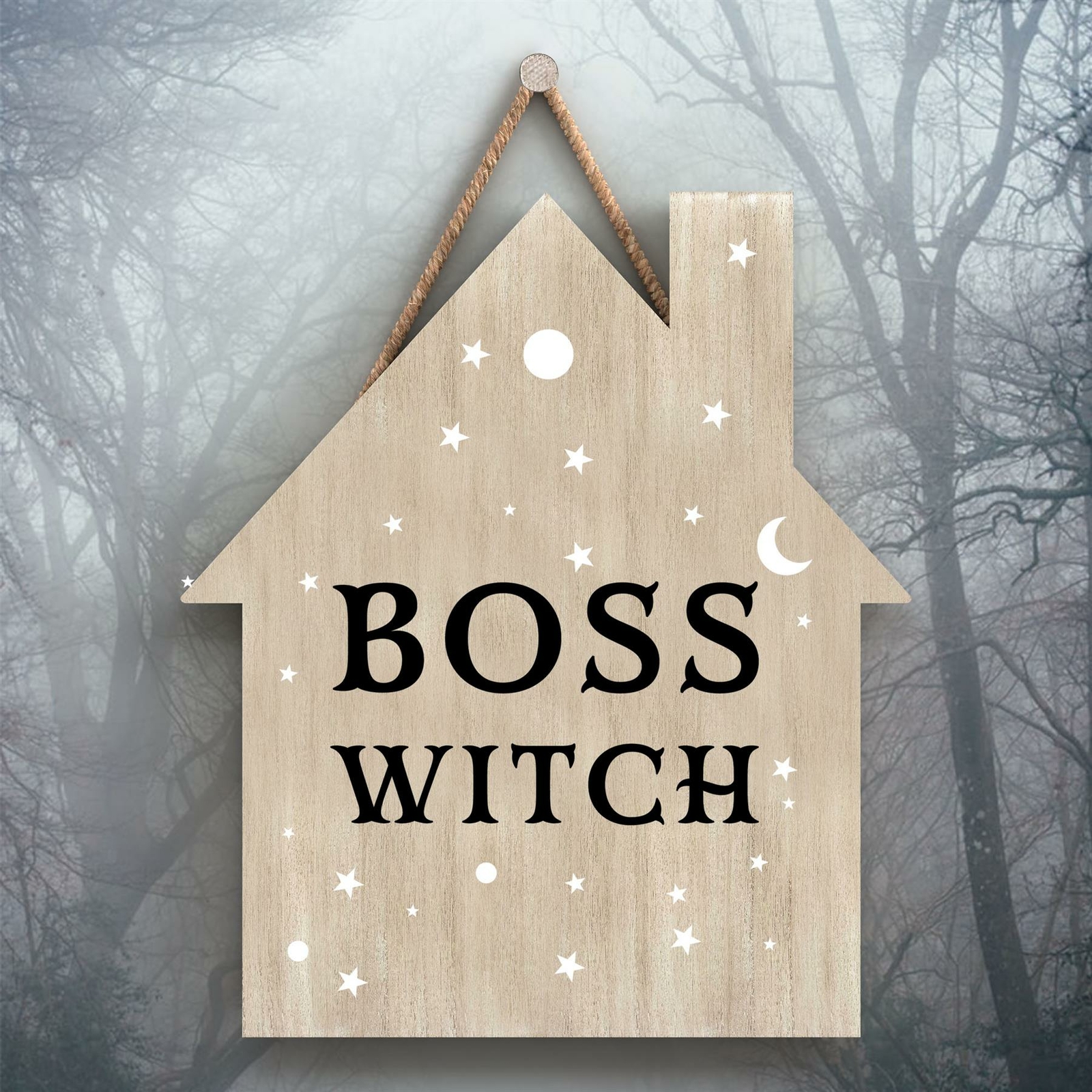 BOSS WITCH HOUSE SHAPED WITCHCRAFT THEMED HALLOWEEN WOODEN HANGING PLAQUE